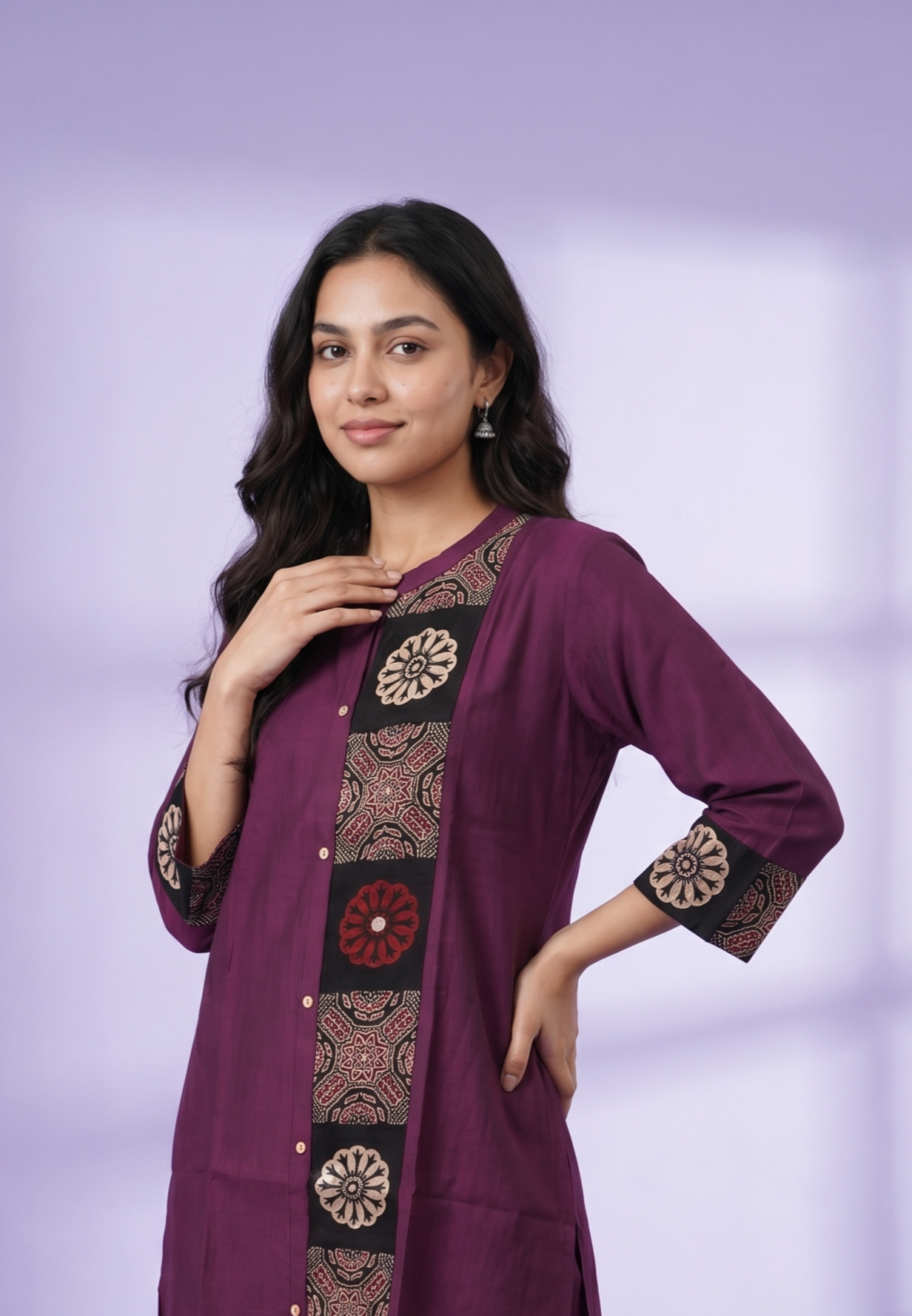 Wine Ajrak Block Print Kurti