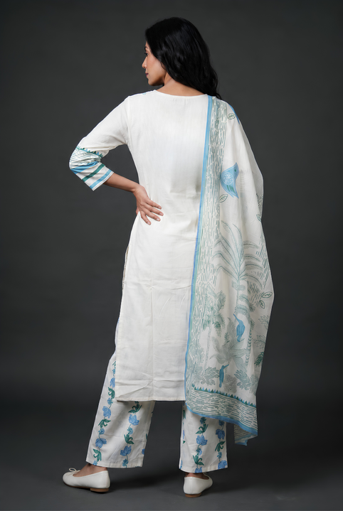 Ivory Cotton Kurti with Blue Kalrav Print
